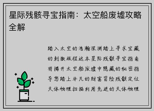 星际残骸寻宝指南：太空船废墟攻略全解